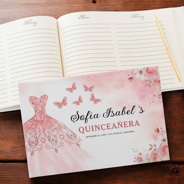 Quinceañera Blush Floral Princess Butterflies Gold Guest Book (Creator Uploaded)