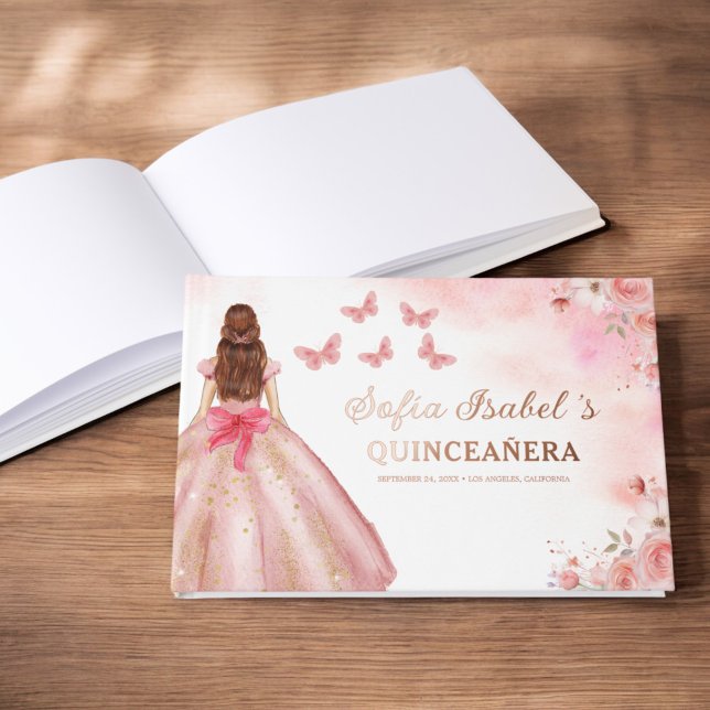 Quinceañera Blush Floral Princess Butterflies Gold Guest Book (Creator Uploaded)