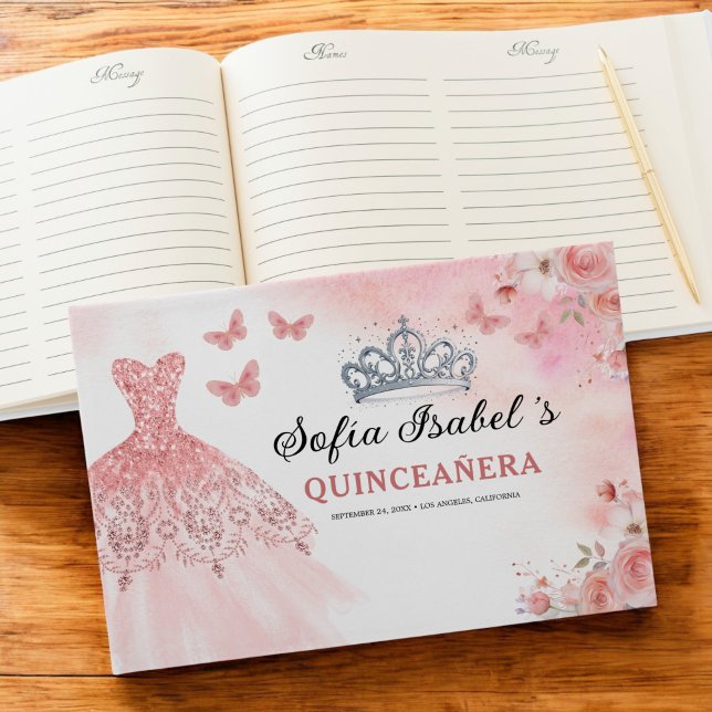 Quinceañera Blush Floral Princess Butterflies Gold Guest Book (Creator Uploaded)