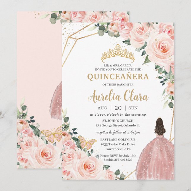 Quinceañera Blush Floral Princess Gold Crown Invitation (Front/Back)