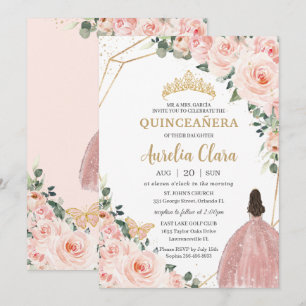 Quinceañera Blush Floral Princess Gold Crown Invitation