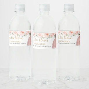 Quinceanera Blush Floral Princess Rose Gold Dress Water Bottle Label
