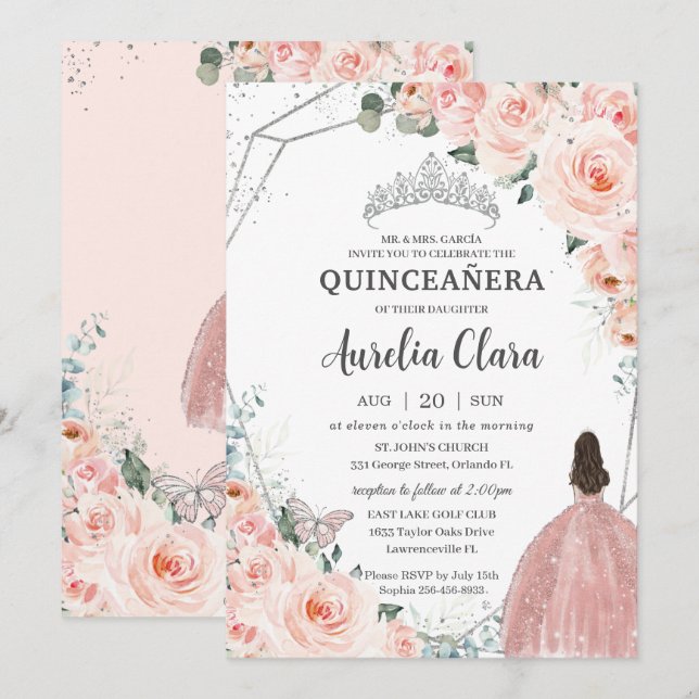 Quinceañera Blush Floral Princess Silver Crown Invitation (Front/Back)