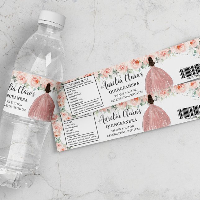 Quinceañera Blush Floral Princess Sweet Birthday Water Bottle Label (Creator Uploaded)