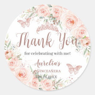 Quinceanera Blush Floral Rose Gold Butterflies Classic Round Sticker