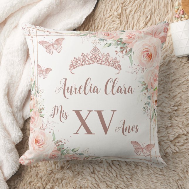 Quinceañera Blush Floral Rose Gold Butterflies Cushion (Blanket)