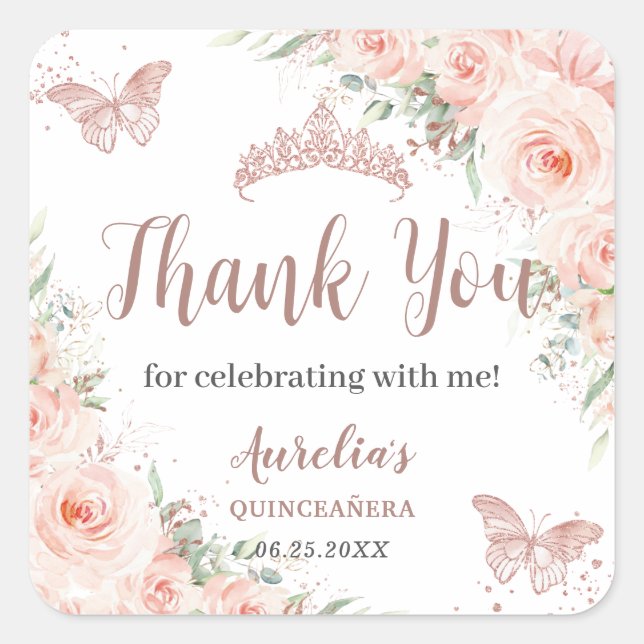 Quinceanera Blush Floral Rose Gold Butterflies Square Sticker (Front)