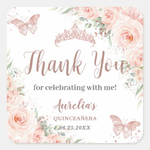 Quinceanera Blush Floral Rose Gold Butterflies Square Sticker
