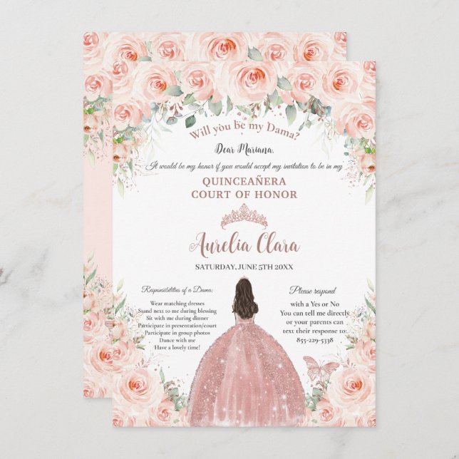 Quinceañera Blush Floral Rose Gold Dama Proposal Invitation (Front/Back)