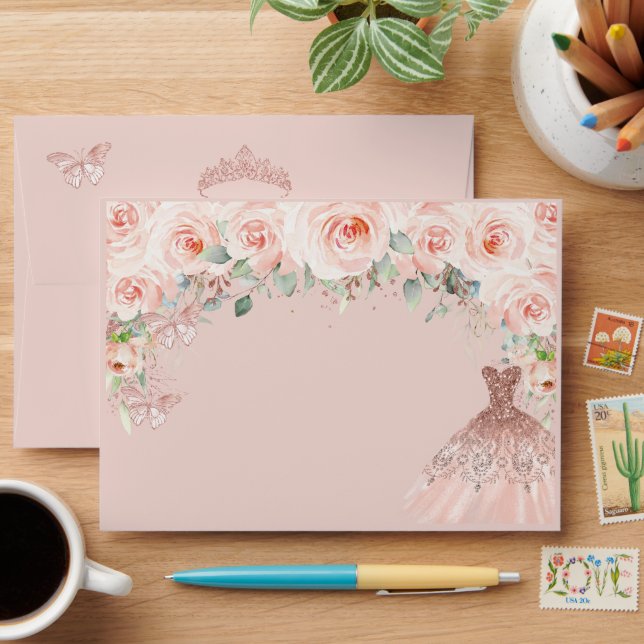 Quinceañera Blush Floral Rose Gold Dress Envelope (Desk)