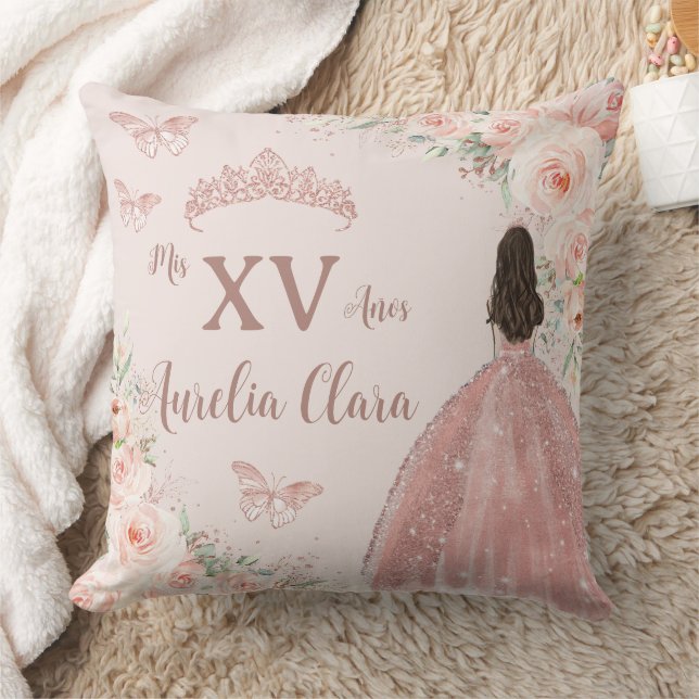 Quinceañera Blush Floral Rose Gold Princess Dress Cushion (Blanket)