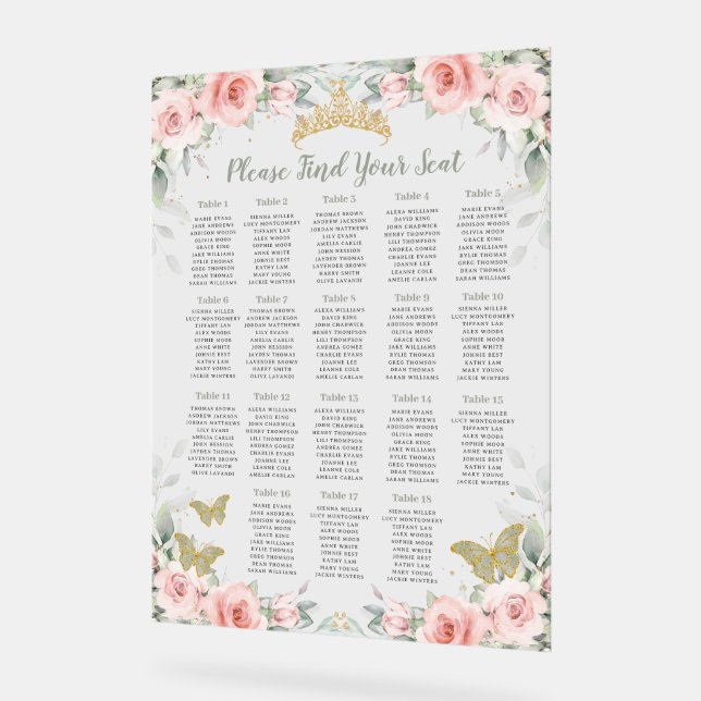 Quinceañera Blush Floral Sage Green Seating Seat Acrylic Sign (Angle)