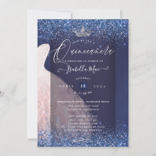 Quinceanera Blush Glitter Gown + Navy Blue Invitation