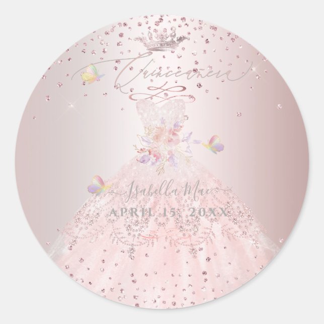 Quinceanera Blush Glitter Gown Sweet Peas Classic  Classic Round Sticker (Front)