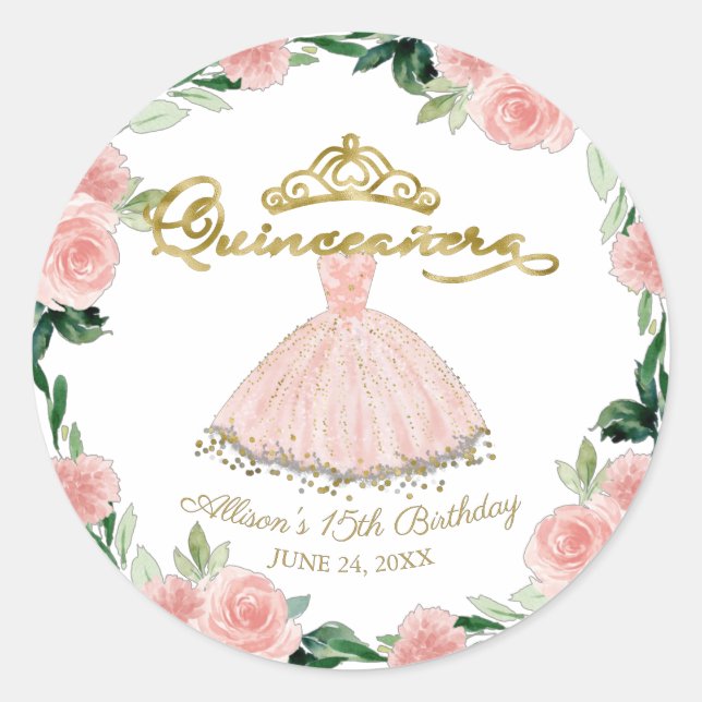 Quinceanera Blush Gown Pink Floral Classic Round S Classic Round Sticker (Front)