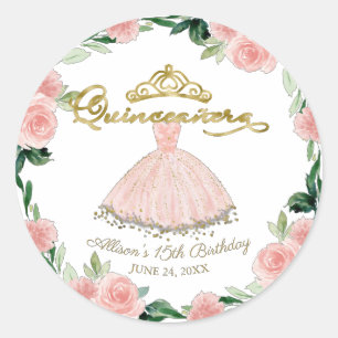 Quinceanera Blush Gown Pink Floral Classic Round S Classic Round Sticker