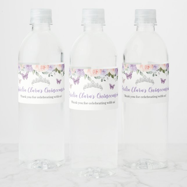 Quinceañera Blush Lilac Floral Silver Butterflies  Water Bottle Label (Bottles)