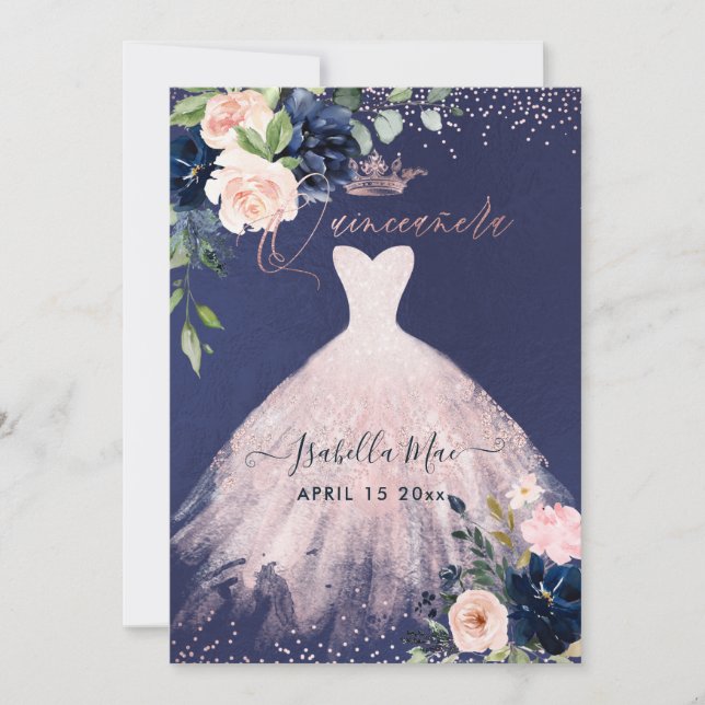 Quinceanera Blush Navy Blue Watercolor Flowers Inv Invitation (Front)