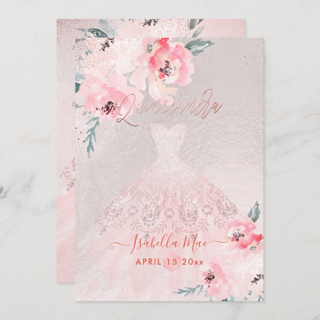 Quinceanera Blush Peonies+Gown Iridescent Bckgrnd Invitation (Front/Back)