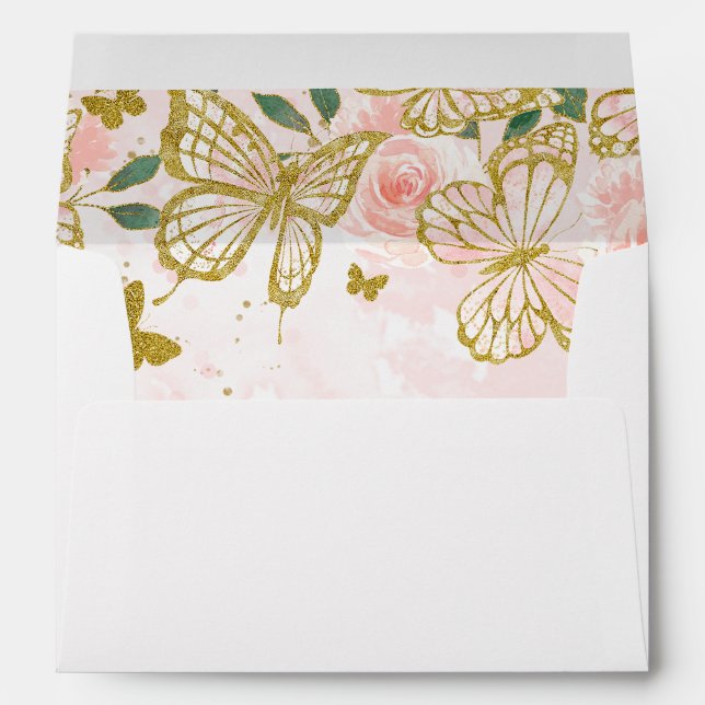 Quinceanera Blush Pink Butterfly Floral  Envelope (Back (Bottom))