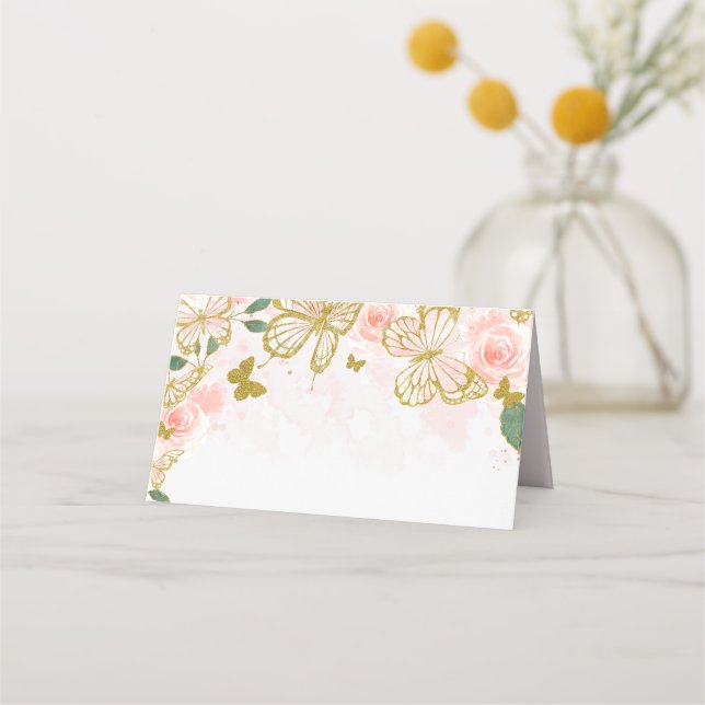 Quinceanera Blush Pink Butterfly Floral Place Card (Front)
