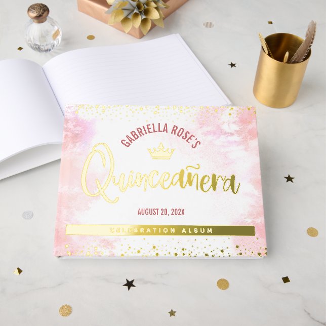 Quinceañera Blush Pink Crown Script Real Gold Foil Guest Book (Front Open)