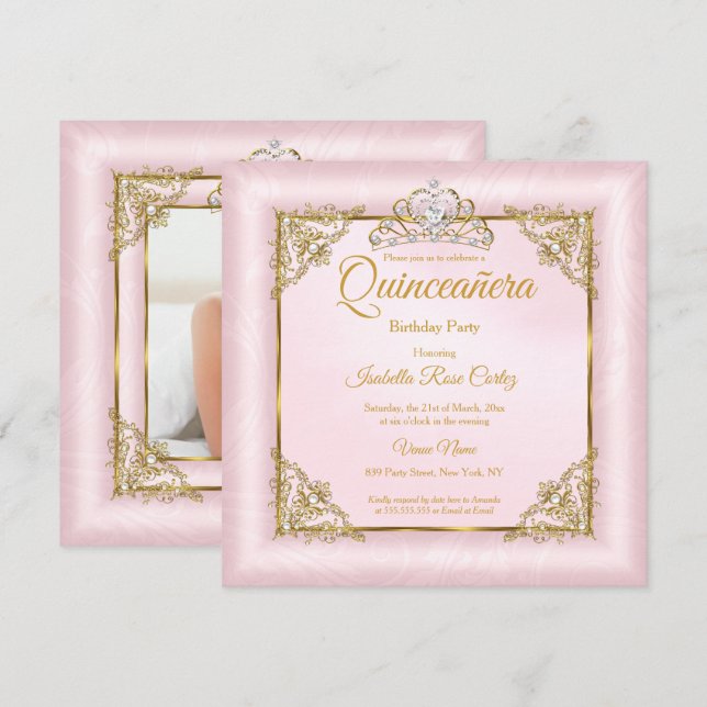 Quinceanera Blush Pink Damask photo Gold Tiara 2 Invitation (Front/Back)