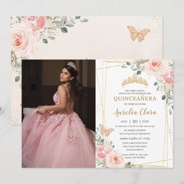 Quinceañera Blush Pink Floral Butterflies Photo Invitation (Front/Back)