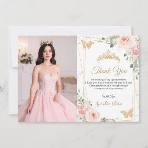 Quinceañera Blush Pink Floral Butterflies Photo Thank You Card