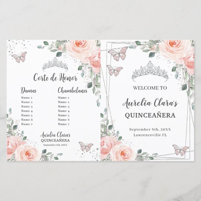 Quinceañera Blush Pink Floral Butterflies Program (Front)