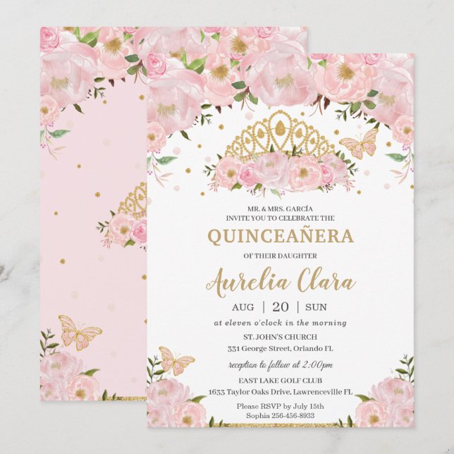Quinceañera Blush Pink Floral Butterflies Tiara Invitation (Front/Back)