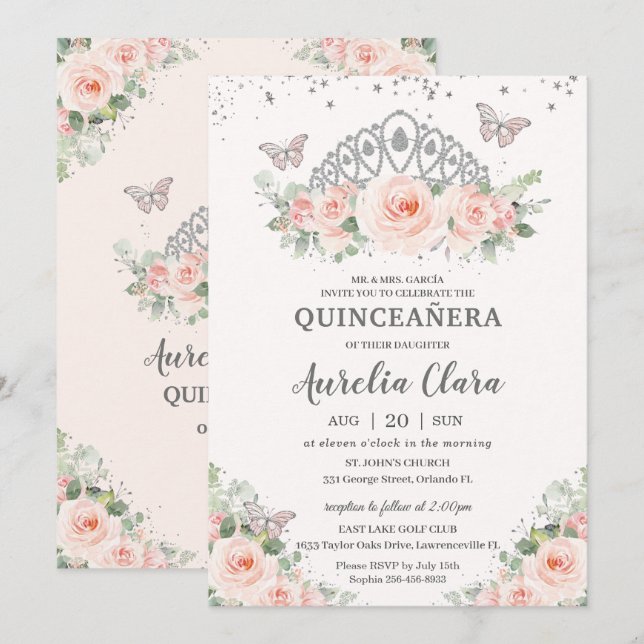 Quinceañera Blush Pink Floral Crown Butterflies Invitation (Front/Back)