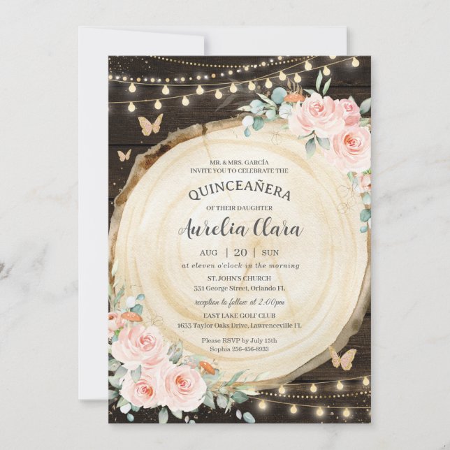 Quinceañera Blush Pink Floral Enchanted Forest Invitation (Front)