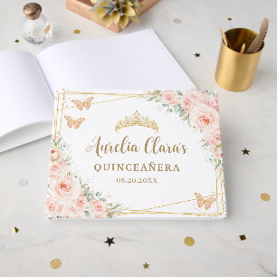 Quinceanera Blush Pink Floral Gold Butterflies 15  Guest Book