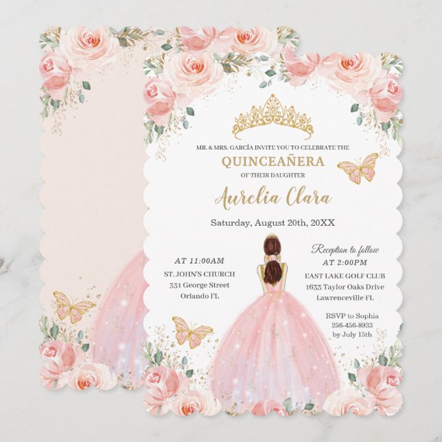 Quinceañera Blush Pink Floral Gold Crown Butterfly Invitation (Front/Back)