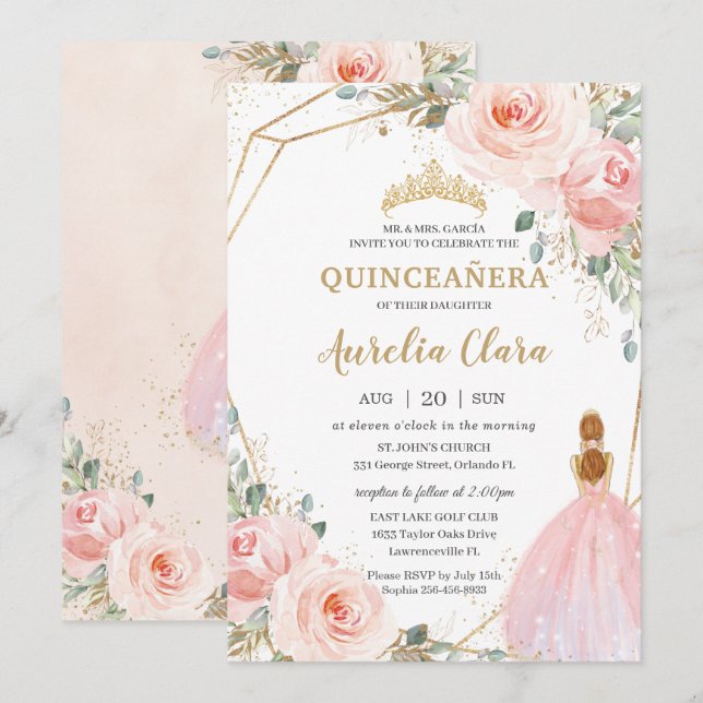 Quinceañera Blush Pink Floral Mis Quince Anos  Invitation (Front/Back)