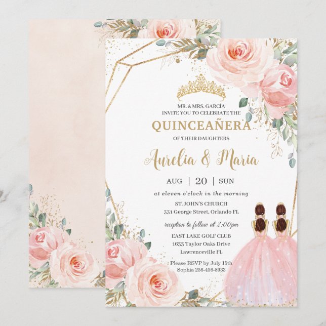 Quinceañera Blush Pink Floral Mis Quince XV Twins Invitation (Front/Back)