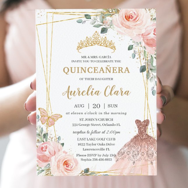 Quinceañera Blush Pink Floral Princess Gown Tiara Invitation (Creator Uploaded)