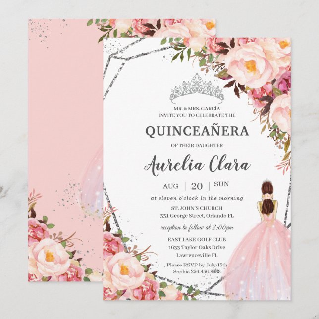 Quinceañera Blush Pink Floral Princess Silver Invitation (Front/Back)