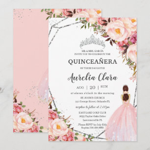 Quinceañera Blush Pink Floral Princess Silver Invitation