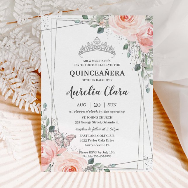 Quinceañera Blush Pink Floral Rose Butterfly Crown Invitation (Creator Uploaded)