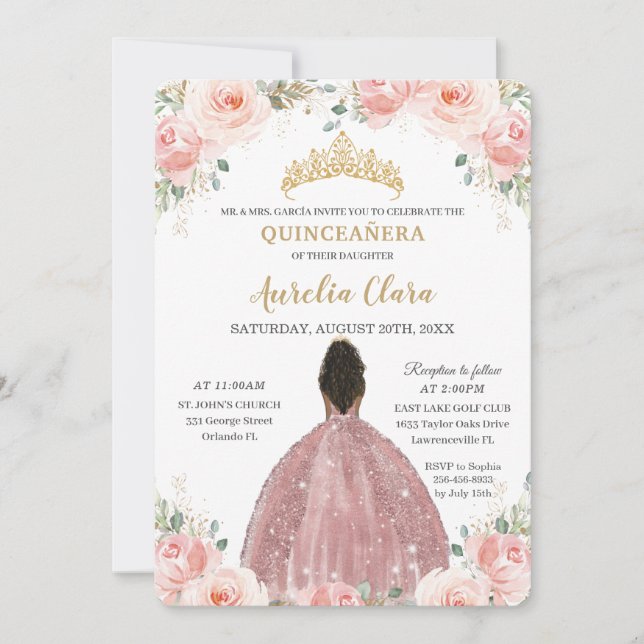 Quinceañera Blush Pink Floral Rose Gold Brown Girl Invitation (Front)