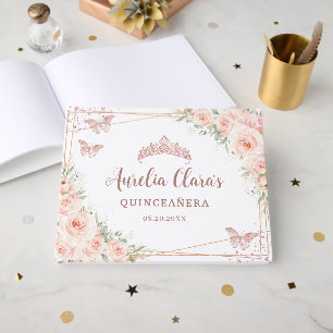 Quinceanera Blush Pink Floral Rose Gold Butterfly Guest Book