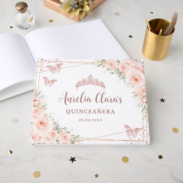 Quinceanera Blush Pink Floral Rose Gold Butterfly Guest Book (Front Open)