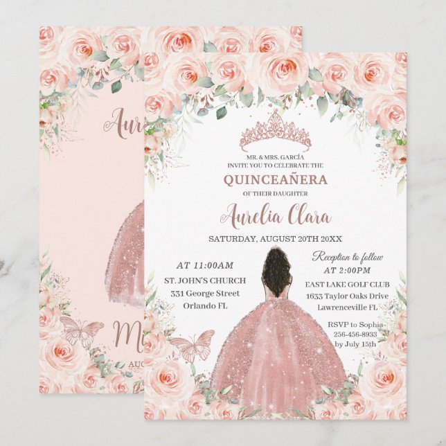 Quinceañera Blush Pink Floral Rose Gold Dress Girl Invitation (Front/Back)