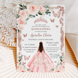 Quinceañera Blush Pink Floral Rose Gold Princess Invitation