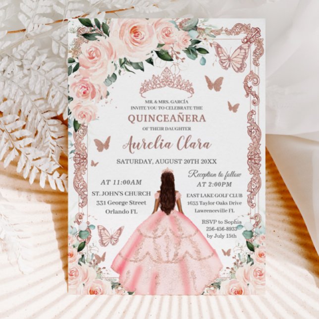 Quinceañera Blush Pink Floral Rose Gold Princess Invitation (Creator Uploaded)