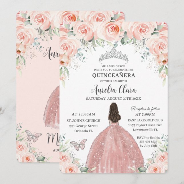 Quinceañera Blush Pink Floral Rose Princess Silver Invitation (Front/Back)