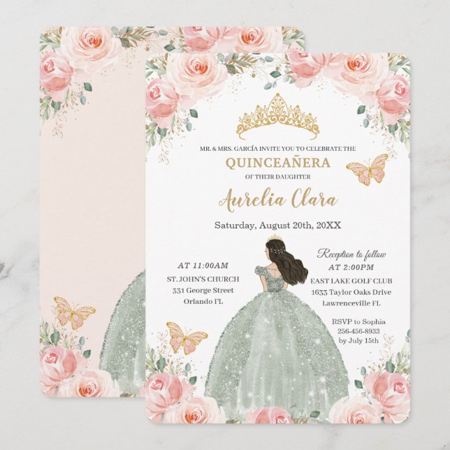 Quinceañera Blush Pink Floral Sage Green Dress Invitation (Front/Back)