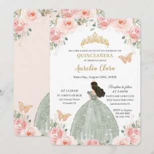 Quinceañera Blush Pink Floral Sage Green Dress Invitation